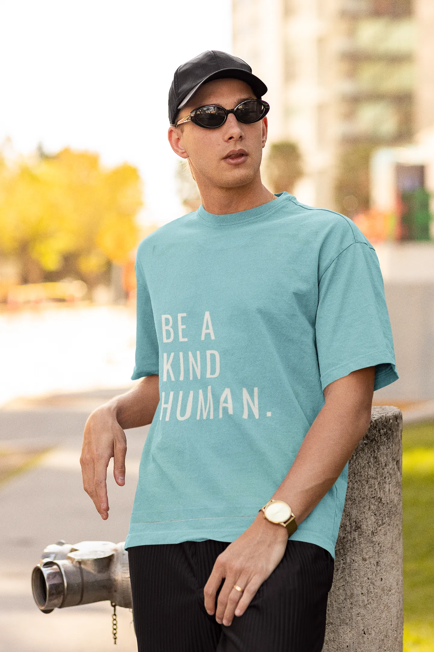 ANGAR Cotton Drop Shoulder Half Sleeves Oversized Fit KIND HUMAN Printed T-Shirt for Men