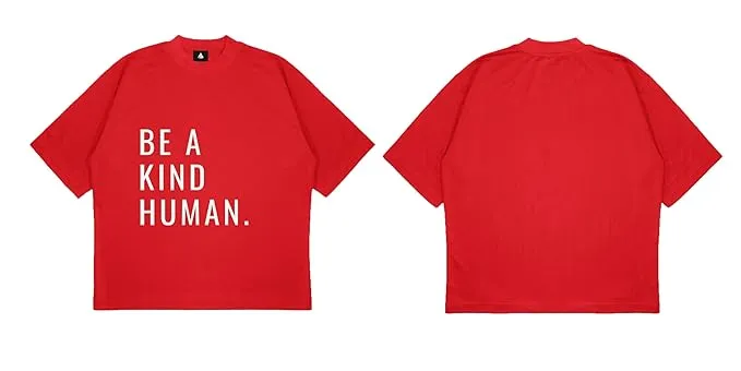 ANGAR Cotton Drop Shoulder Half Sleeves Oversized Fit KIND HUMAN Printed T-Shirt for Men