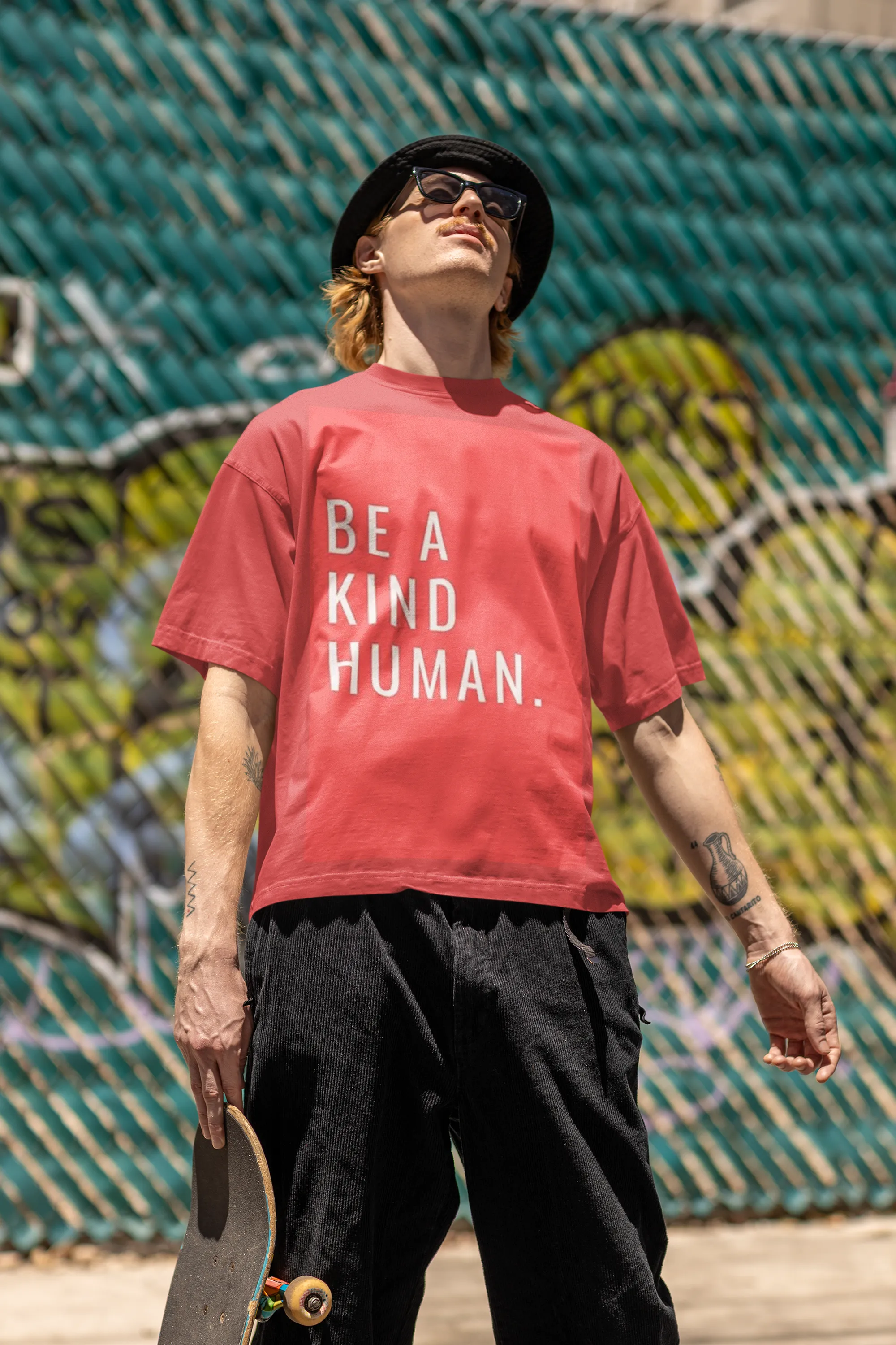 ANGAR Cotton Drop Shoulder Half Sleeves Oversized Fit KIND HUMAN Printed T-Shirt for Men