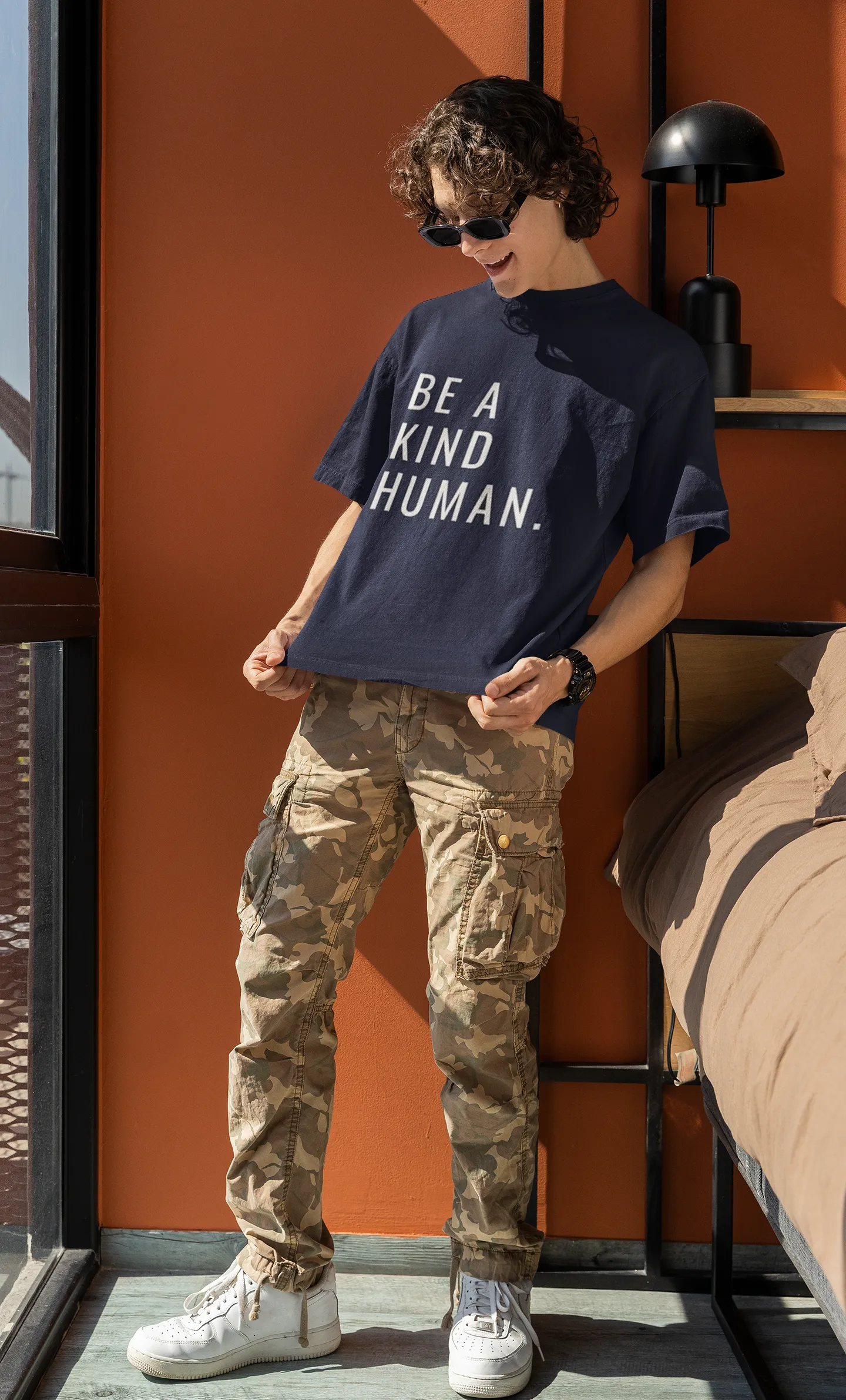 ANGAR Cotton Drop Shoulder Half Sleeves Oversized Fit KIND HUMAN Printed T-Shirt for Men