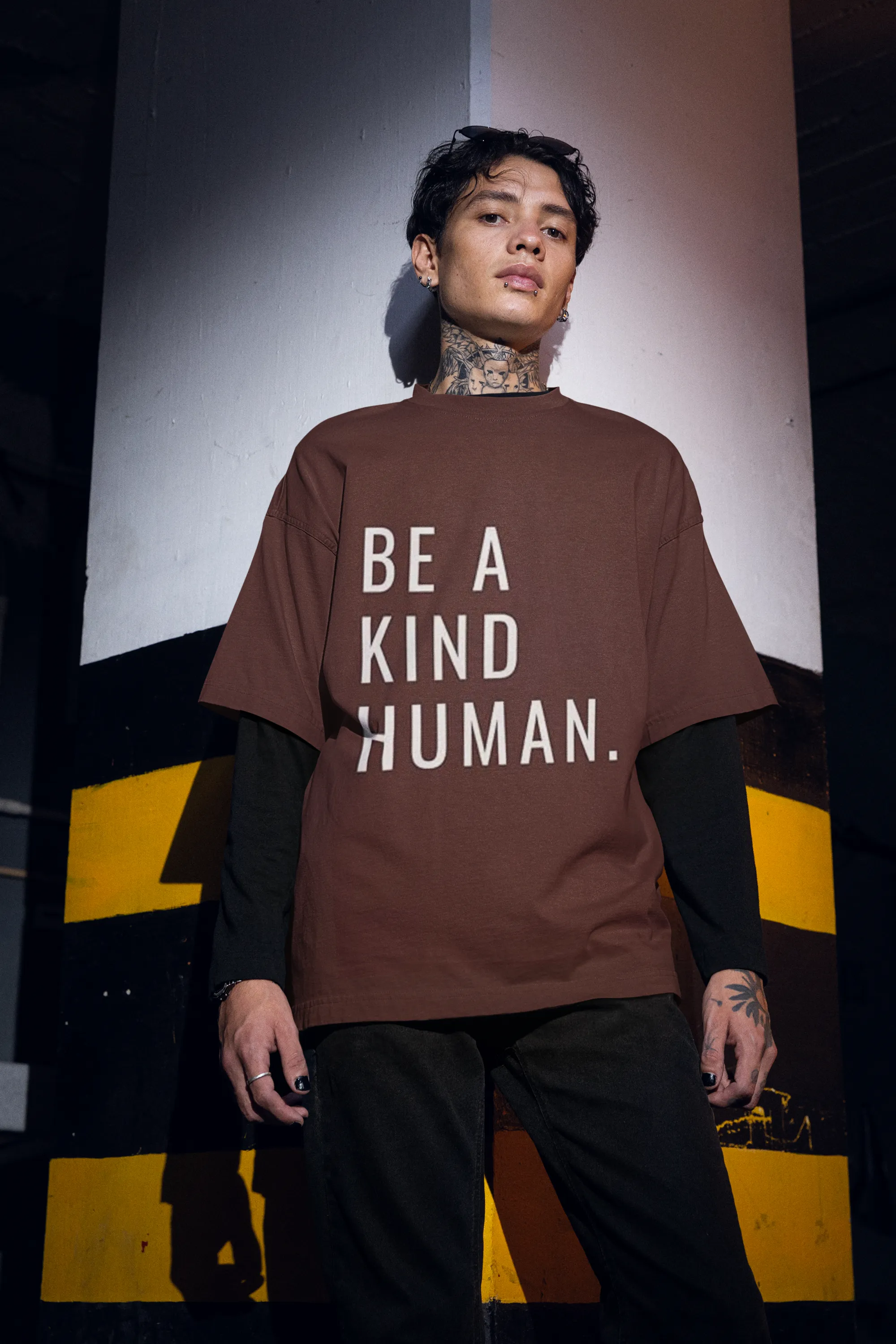 ANGAR Cotton Drop Shoulder Half Sleeves Oversized Fit KIND HUMAN Printed T-Shirt for Men