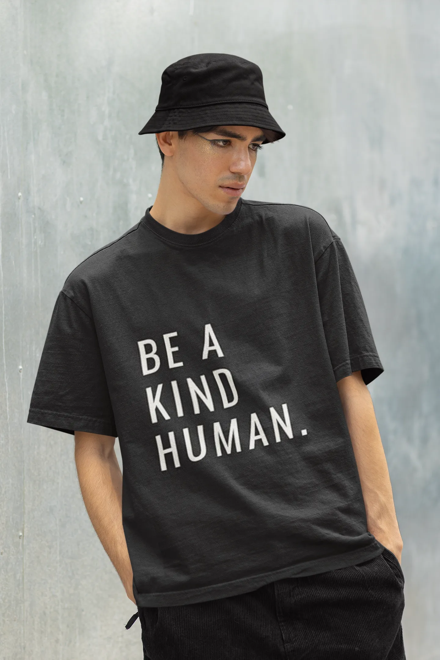 ANGAR Cotton Drop Shoulder Half Sleeves Oversized Fit KIND HUMAN Printed T-Shirt for Men
