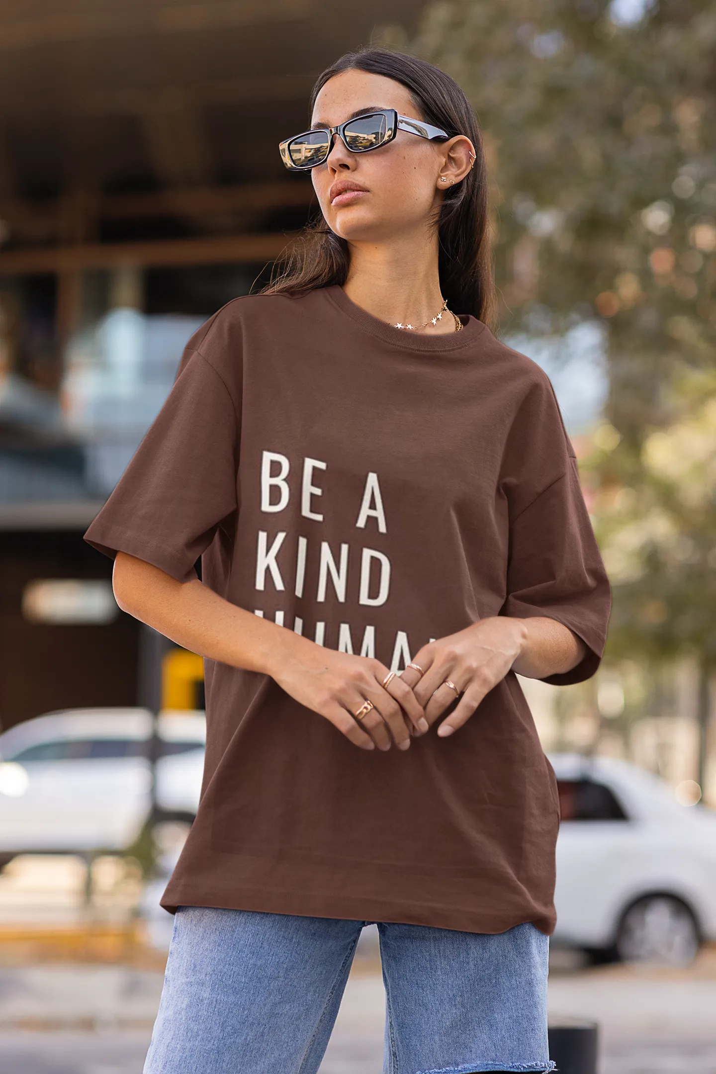 ANGAR Cotton Drop Shoulder Half Sleeves Oversized Fit KIND HUMAN Printed T-Shirt for Women