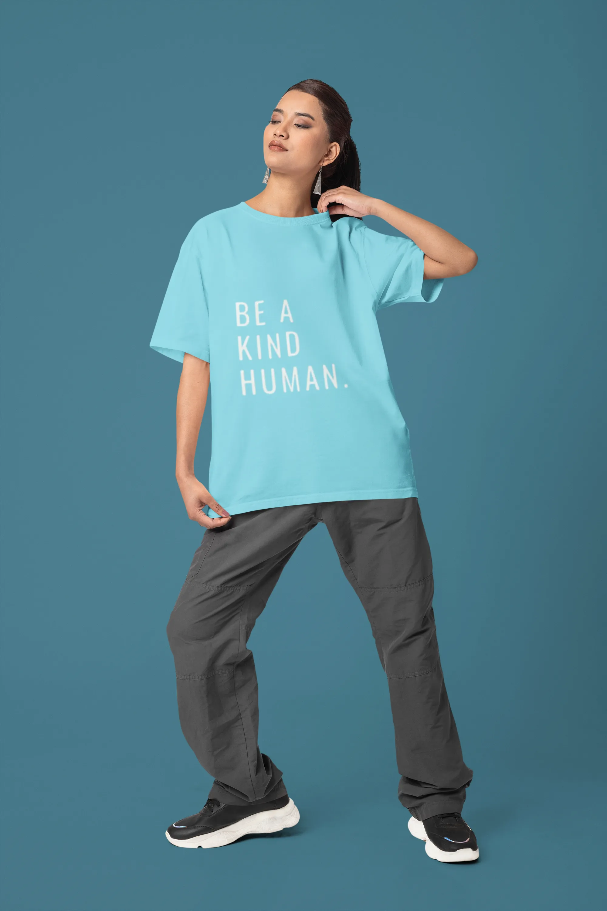 ANGAR Cotton Drop Shoulder Half Sleeves Oversized Fit KIND HUMAN Printed T-Shirt for Women