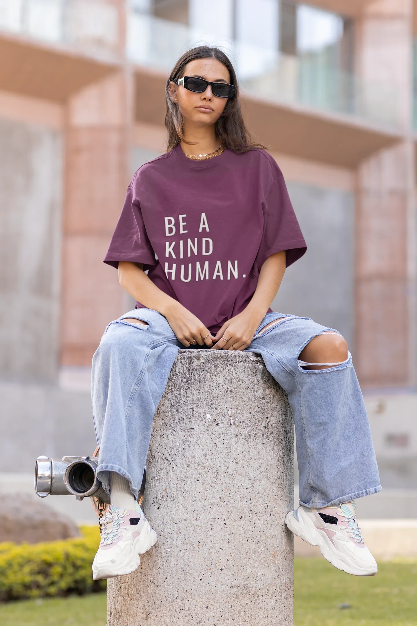 ANGAR Cotton Drop Shoulder Half Sleeves Oversized Fit KIND HUMAN Printed T-Shirt for Women