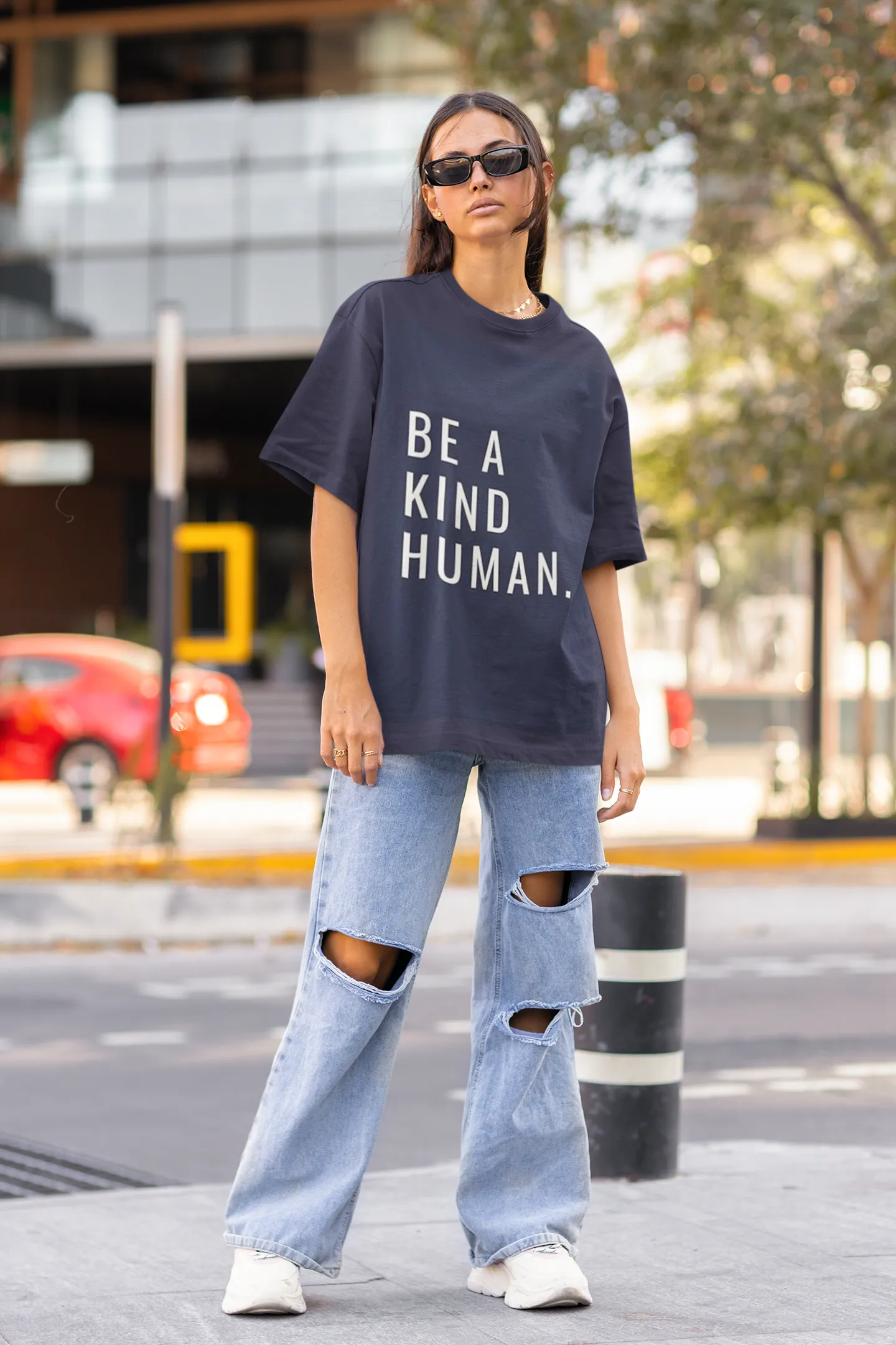 ANGAR Cotton Drop Shoulder Half Sleeves Oversized Fit KIND HUMAN Printed T-Shirt for Women