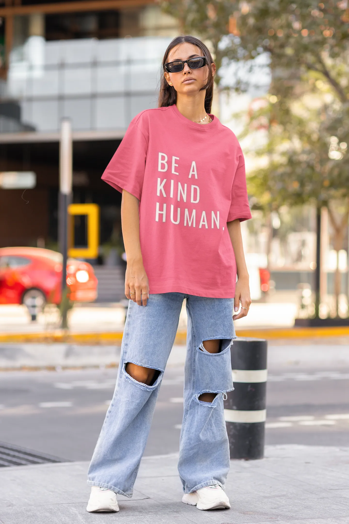 ANGAR Cotton Drop Shoulder Half Sleeves Oversized Fit KIND HUMAN Printed T-Shirt for Women