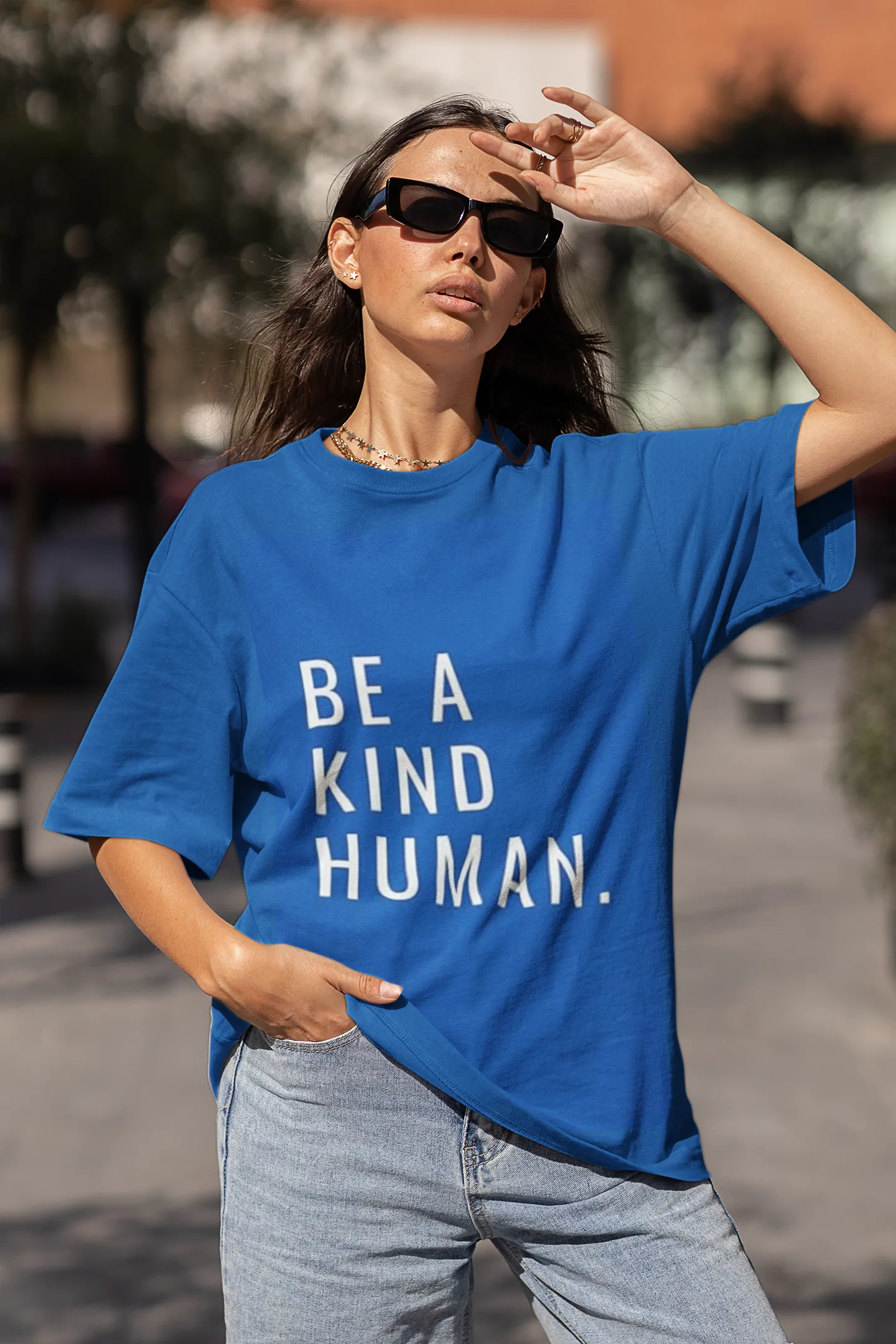 ANGAR Cotton Drop Shoulder Half Sleeves Oversized Fit KIND HUMAN Printed T-Shirt for Women