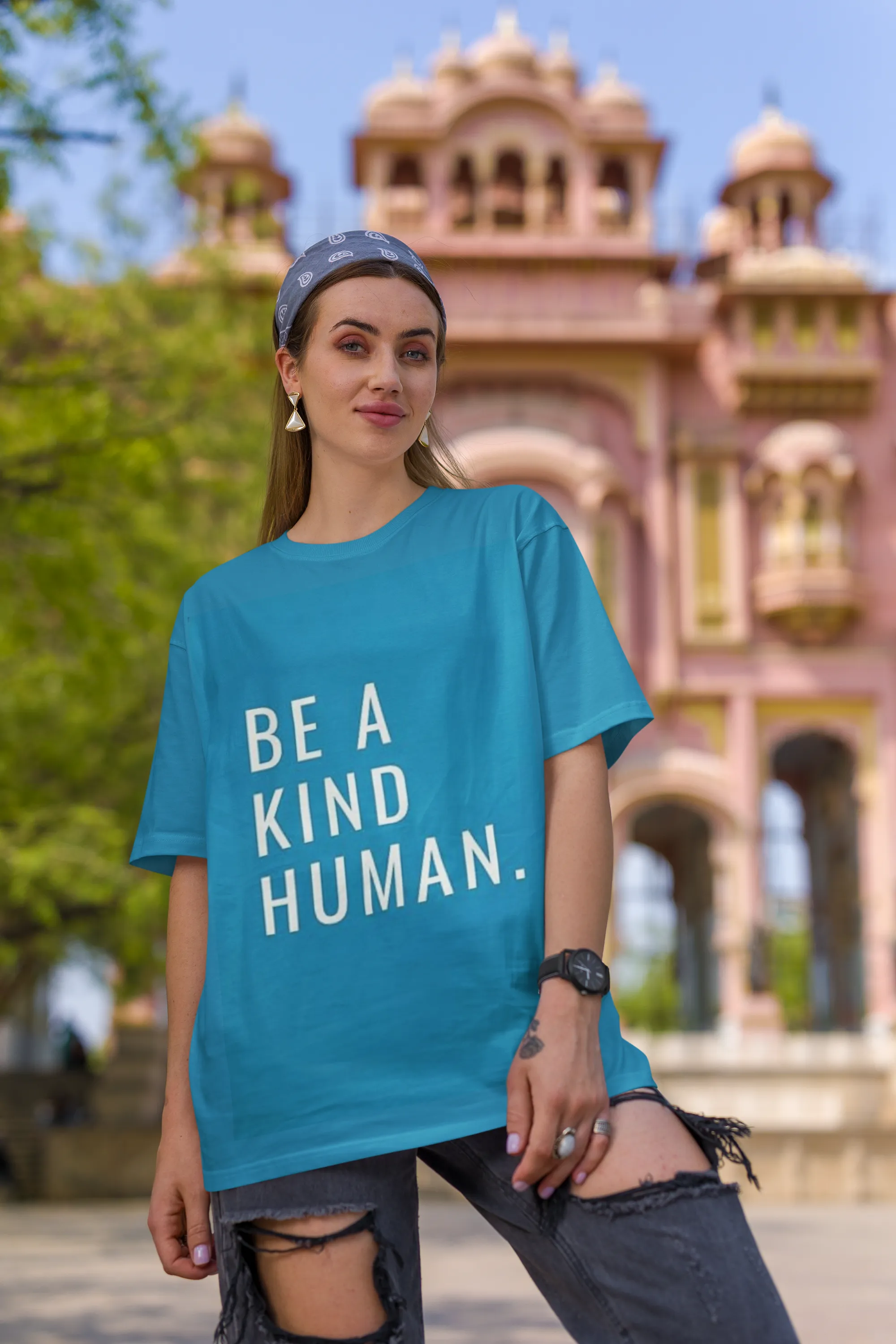 ANGAR Cotton Drop Shoulder Half Sleeves Oversized Fit KIND HUMAN Printed T-Shirt for Women