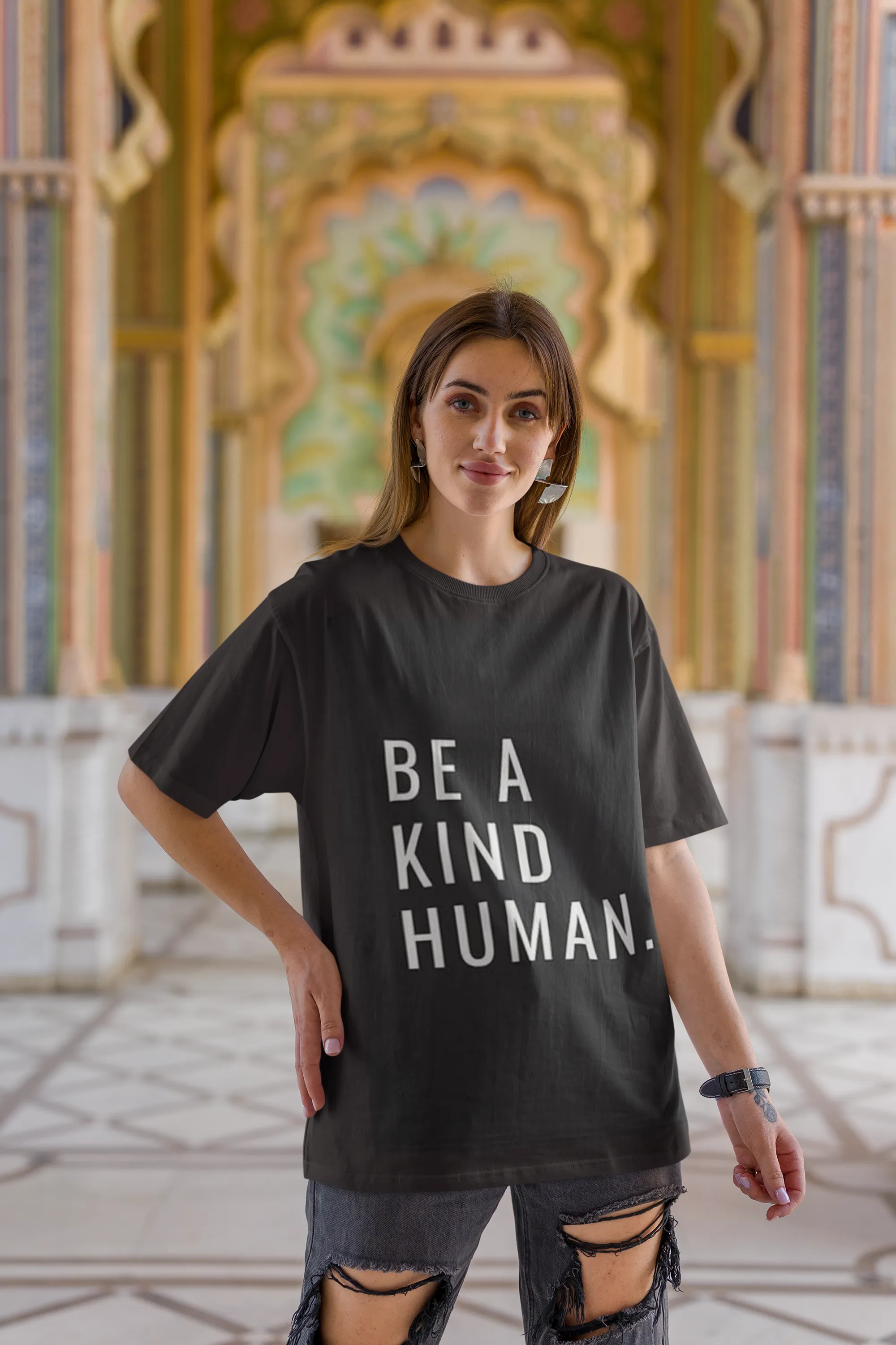 ANGAR Cotton Drop Shoulder Half Sleeves Oversized Fit KIND HUMAN Printed T-Shirt for Women