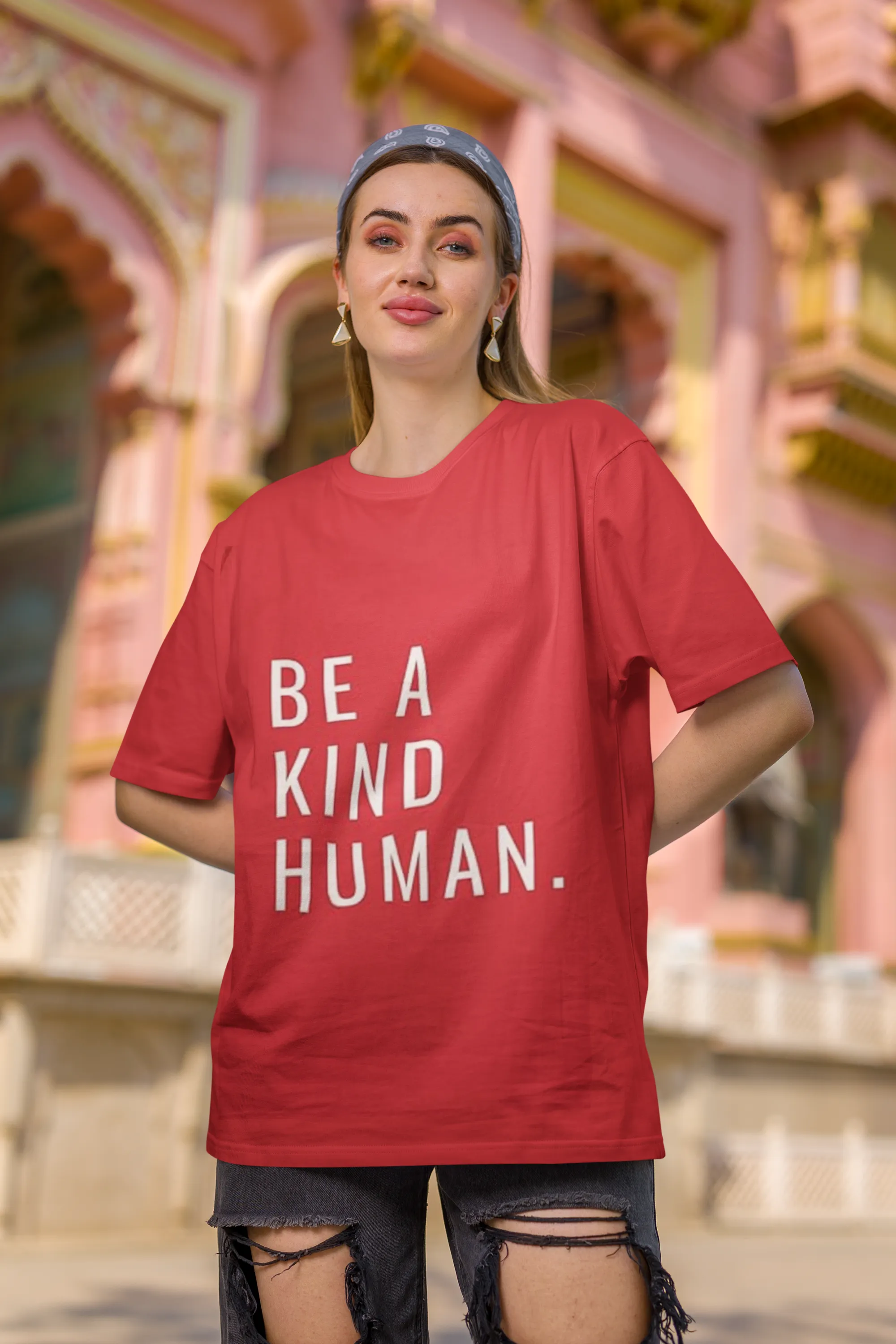 ANGAR Cotton Drop Shoulder Half Sleeves Oversized Fit KIND HUMAN Printed T-Shirt for Women