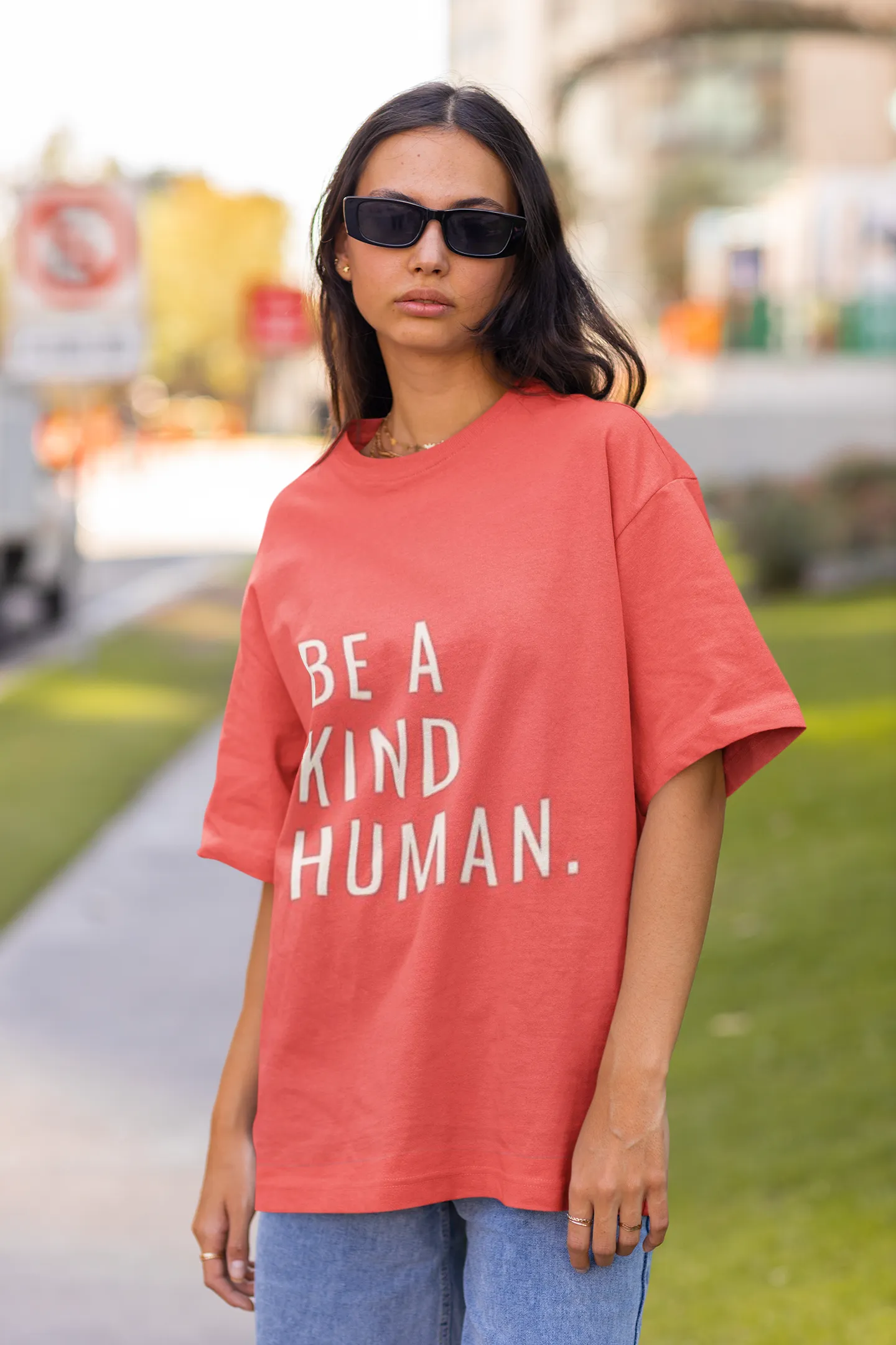 ANGAR Cotton Drop Shoulder Half Sleeves Oversized Fit KIND HUMAN Printed T-Shirt for Women