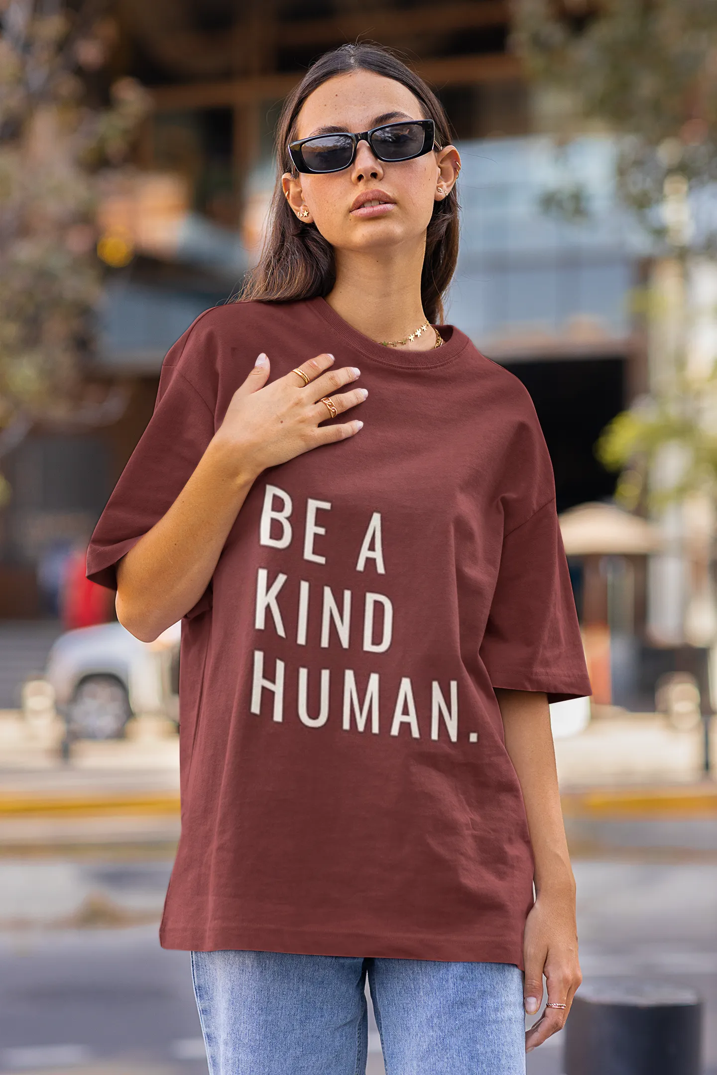 ANGAR Cotton Drop Shoulder Half Sleeves Oversized Fit KIND HUMAN Printed T-Shirt for Women