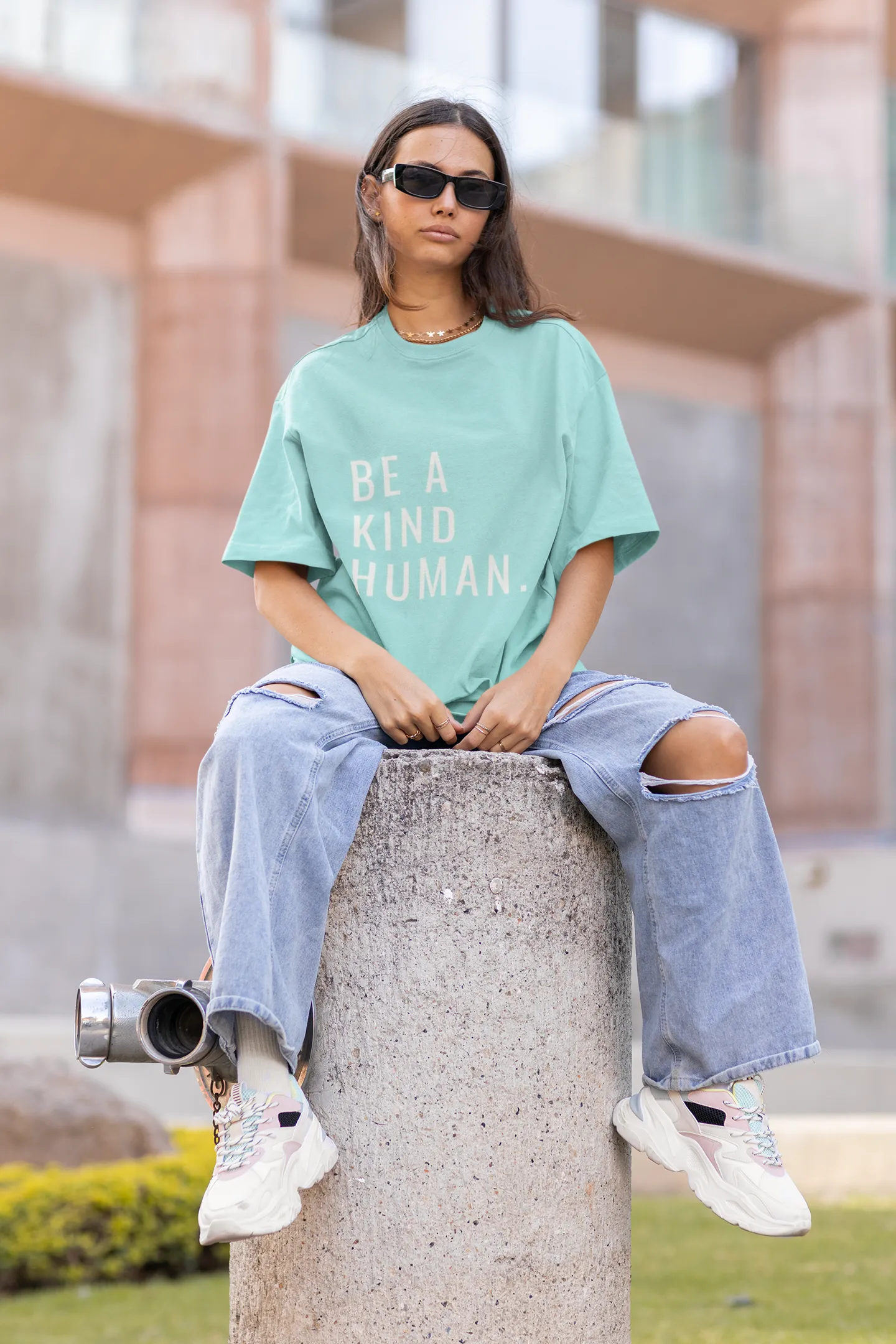 ANGAR Cotton Drop Shoulder Half Sleeves Oversized Fit KIND HUMAN Printed T-Shirt for Women