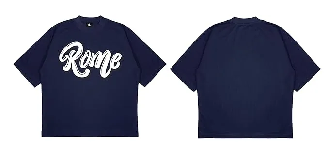 ANGAR Cotton Drop Shoulder Half Sleeves Oversized Fit ROME Printed T-Shirt for Men