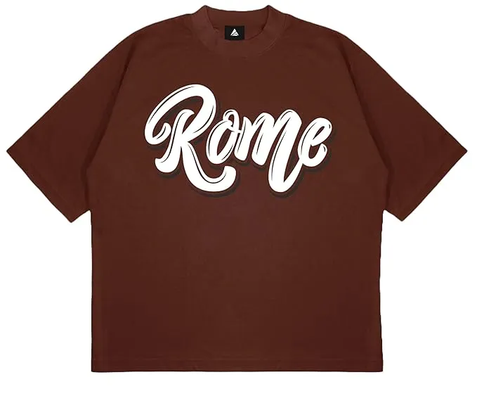 ANGAR Cotton Drop Shoulder Half Sleeves Oversized Fit ROME Printed T-Shirt for Men