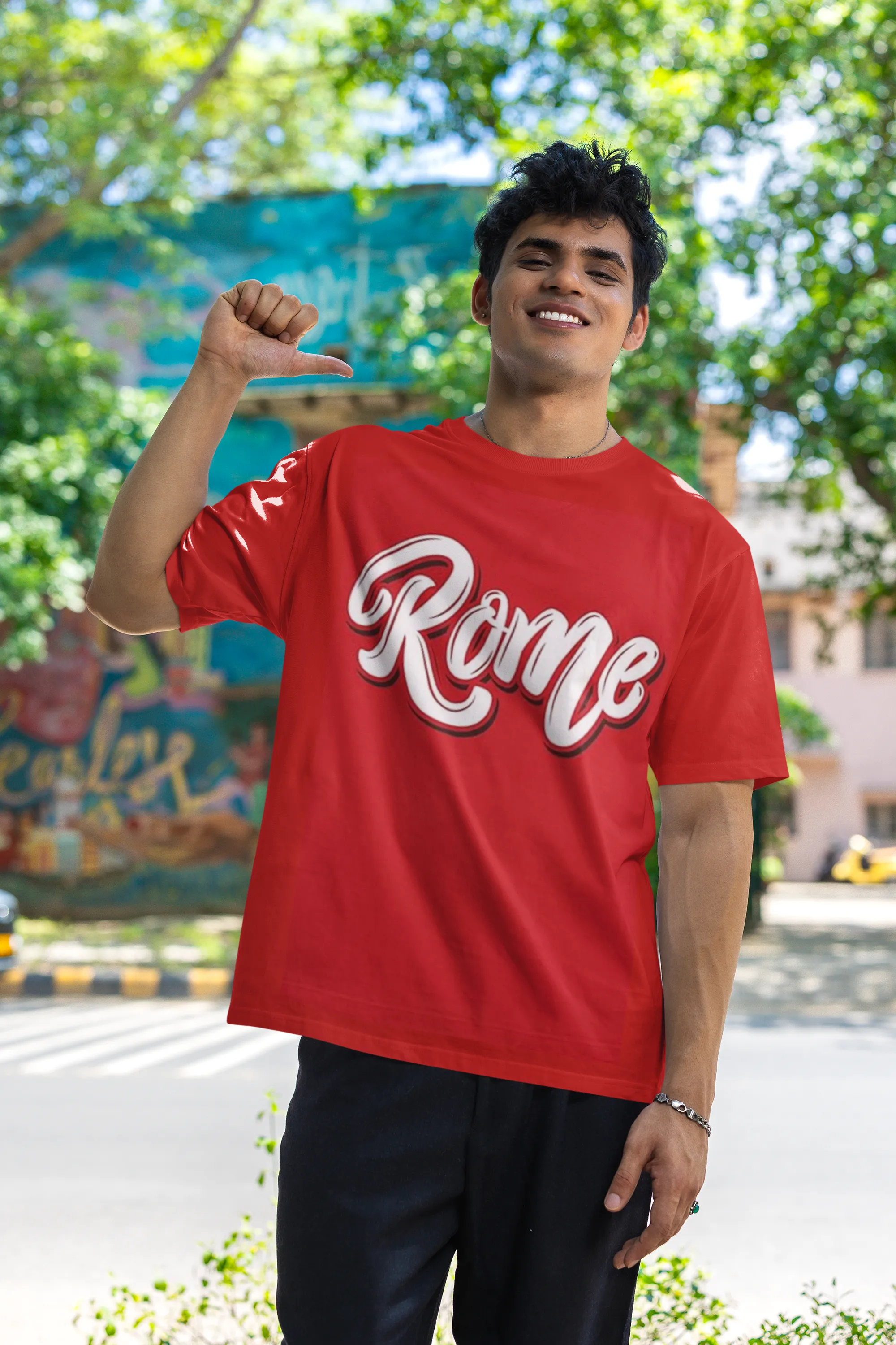 ANGAR Cotton Drop Shoulder Half Sleeves Oversized Fit ROME Printed T-Shirt for Men