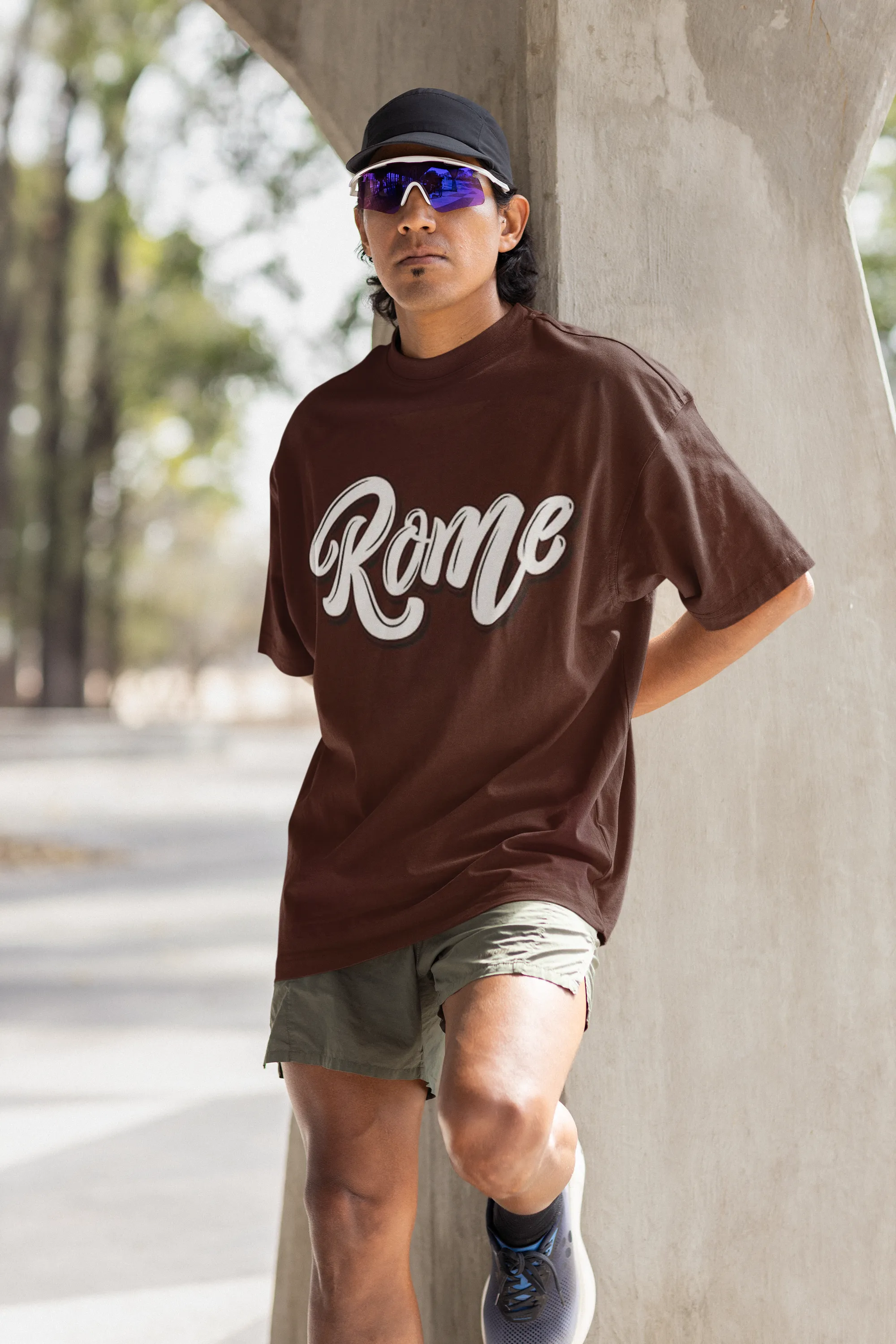 ANGAR Cotton Drop Shoulder Half Sleeves Oversized Fit ROME Printed T-Shirt for Men