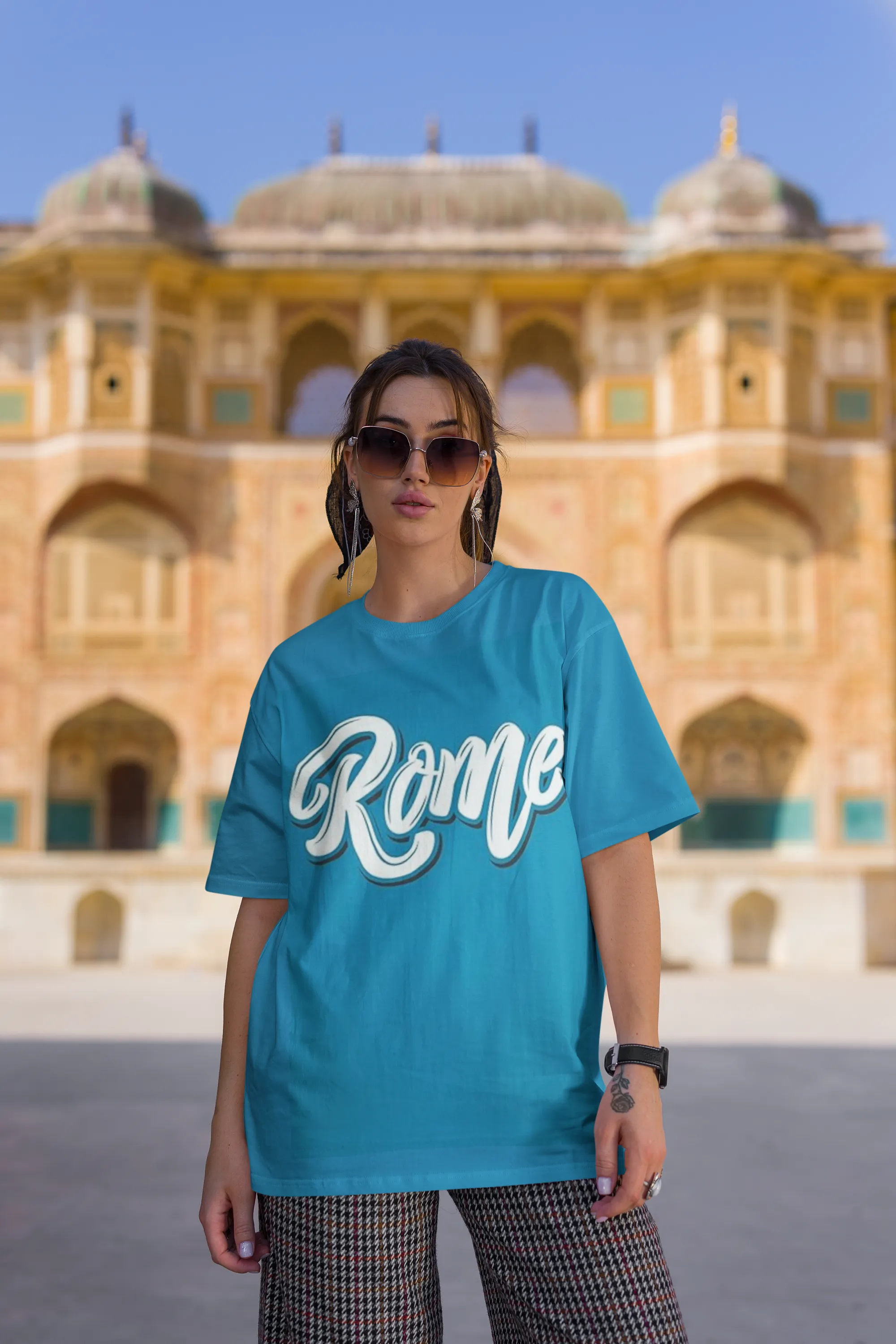 ANGAR Cotton Drop Shoulder Half Sleeves Oversized Fit ROME Printed T-Shirt for Women