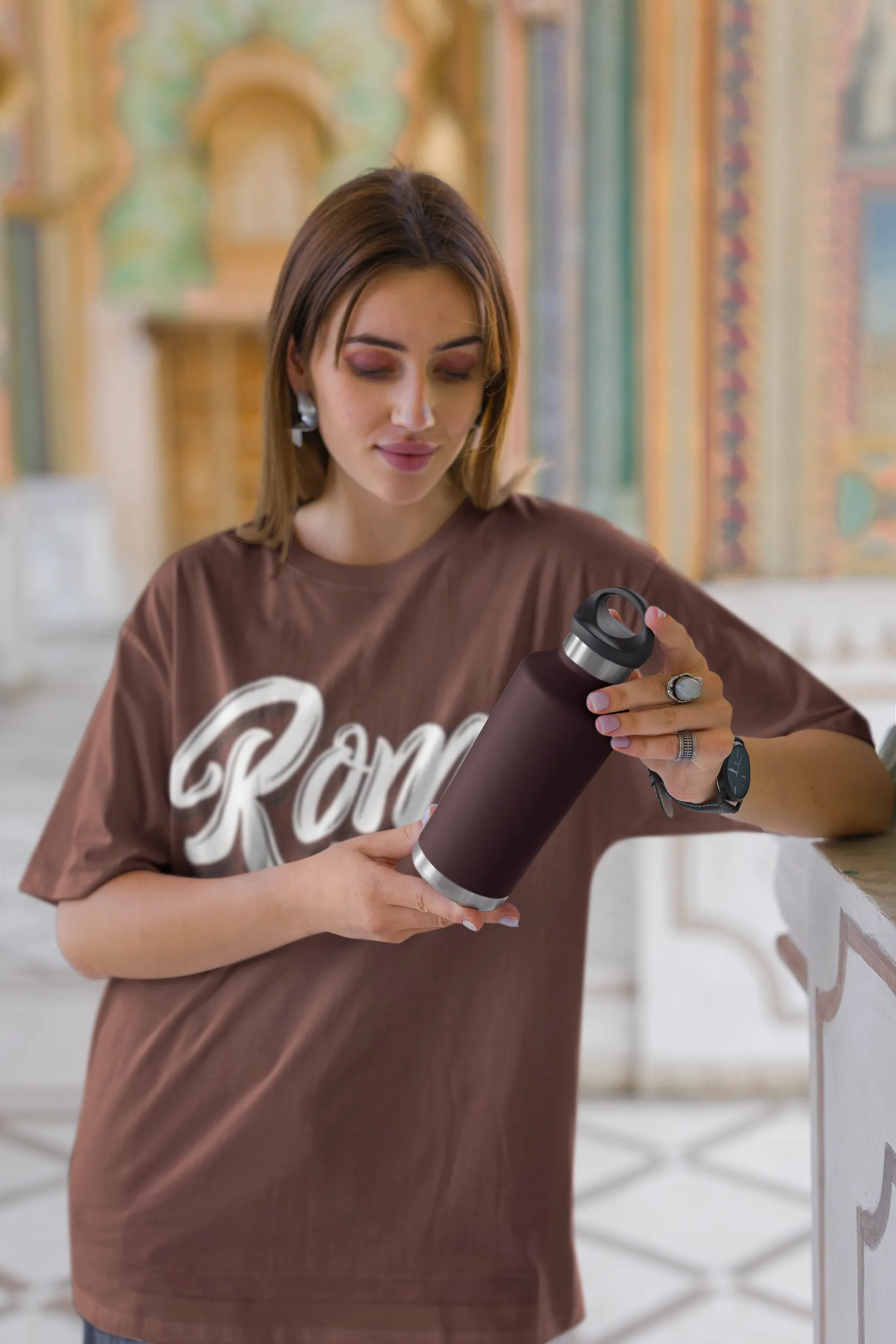 ANGAR Cotton Drop Shoulder Half Sleeves Oversized Fit ROME Printed T-Shirt for Women