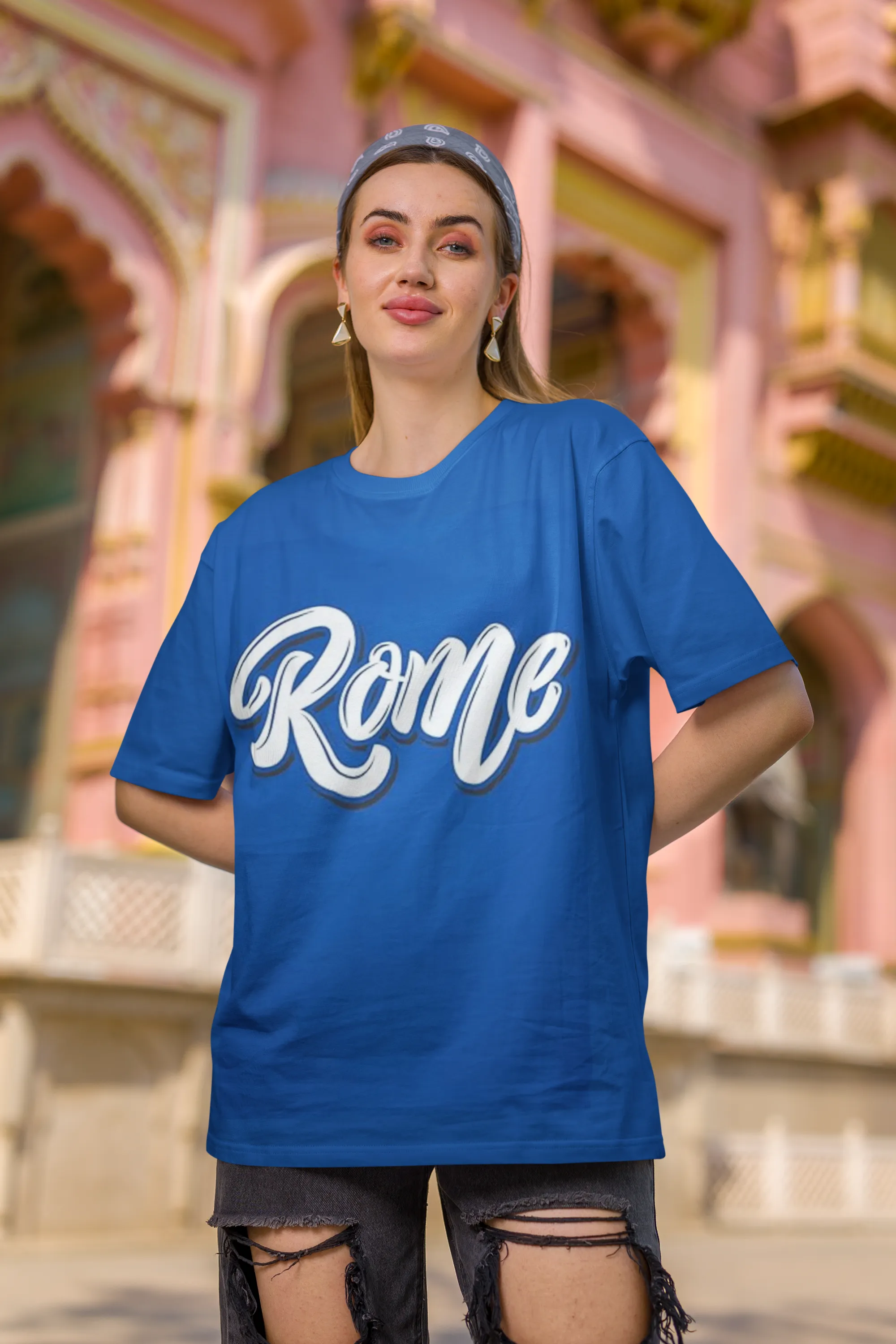 ANGAR Cotton Drop Shoulder Half Sleeves Oversized Fit ROME Printed T-Shirt for Women
