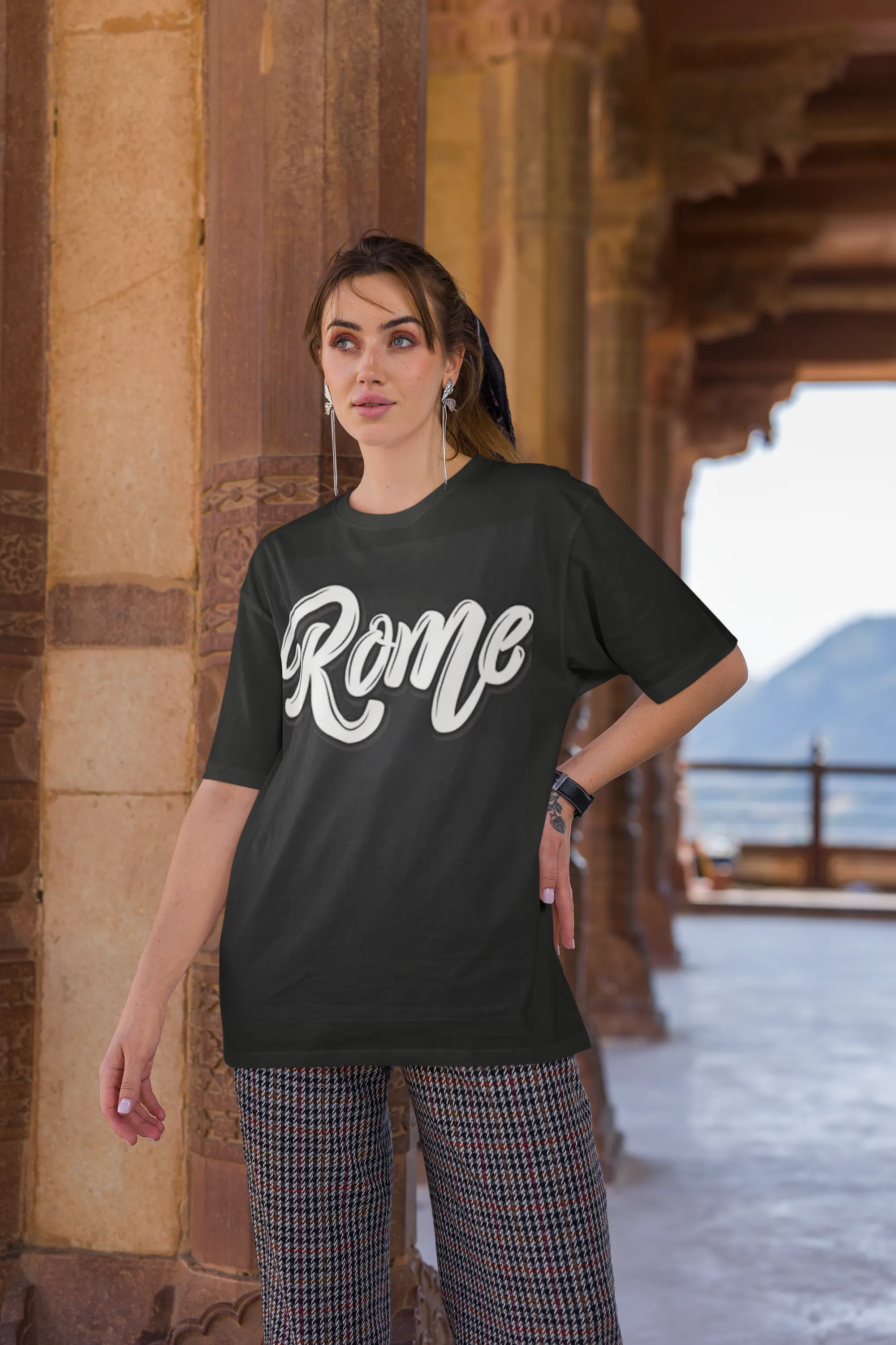 ANGAR Cotton Drop Shoulder Half Sleeves Oversized Fit ROME Printed T-Shirt for Women