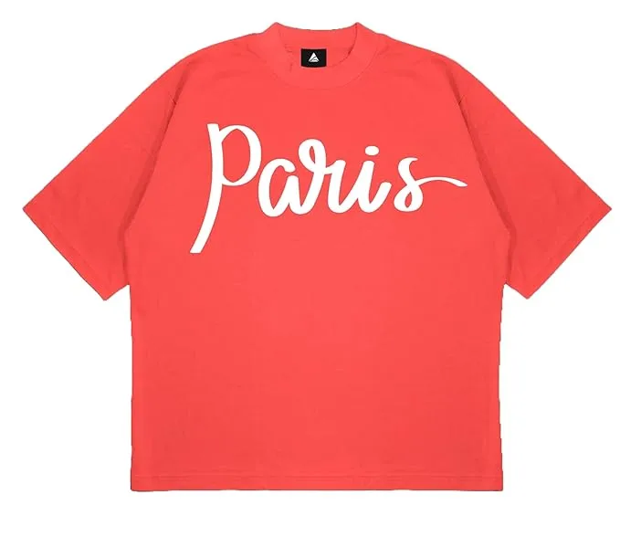 ANGAR Cotton Drop Shoulder PARIS Half Sleeves Oversized Fit Printed T-Shirt for Men