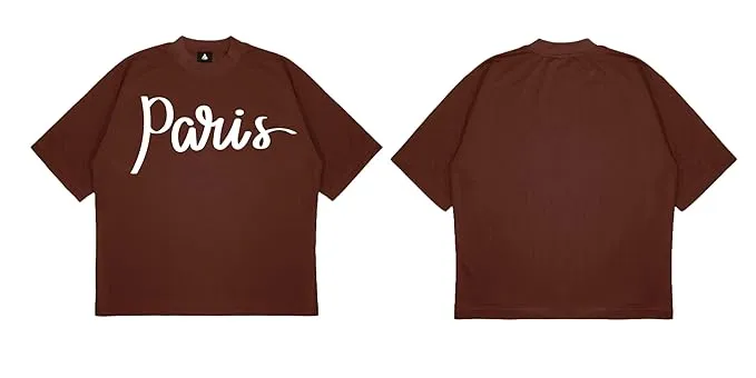 ANGAR Cotton Drop Shoulder PARIS Half Sleeves Oversized Fit Printed T-Shirt for Men