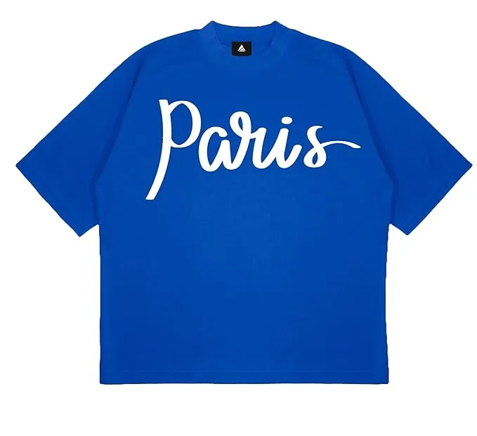 ANGAR Cotton Drop Shoulder PARIS Half Sleeves Oversized Fit Printed T-Shirt for Men