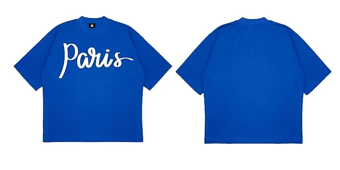 ANGAR Cotton Drop Shoulder PARIS Half Sleeves Oversized Fit Printed T-Shirt for Men