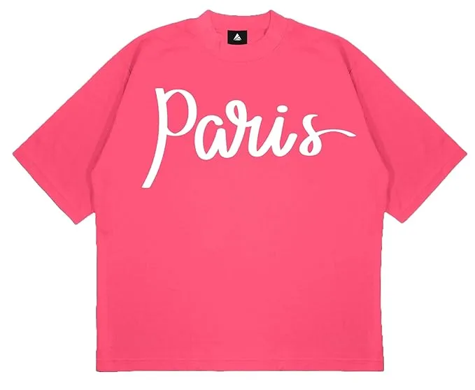 ANGAR Cotton Drop Shoulder PARIS Half Sleeves Oversized Fit Printed T-Shirt for Men