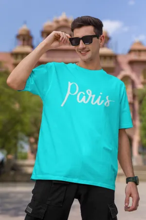 ANGAR Cotton Drop Shoulder PARIS Half Sleeves Oversized Fit Printed T-Shirt for Men
