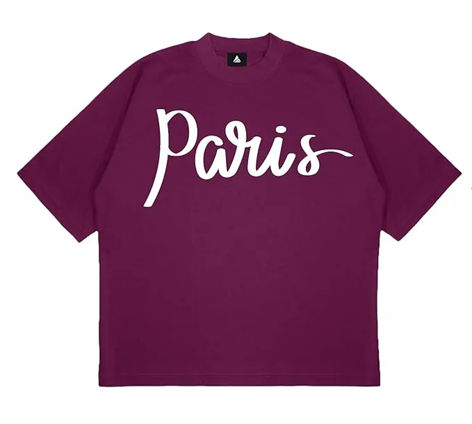 ANGAR Cotton Drop Shoulder PARIS Half Sleeves Oversized Fit Printed T-Shirt for Men