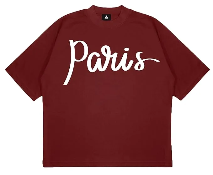 ANGAR Cotton Drop Shoulder PARIS Half Sleeves Oversized Fit Printed T-Shirt for Men