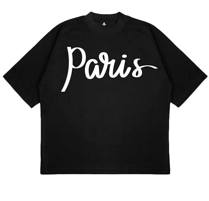 ANGAR Cotton Drop Shoulder PARIS Half Sleeves Oversized Fit Printed T-Shirt for Men