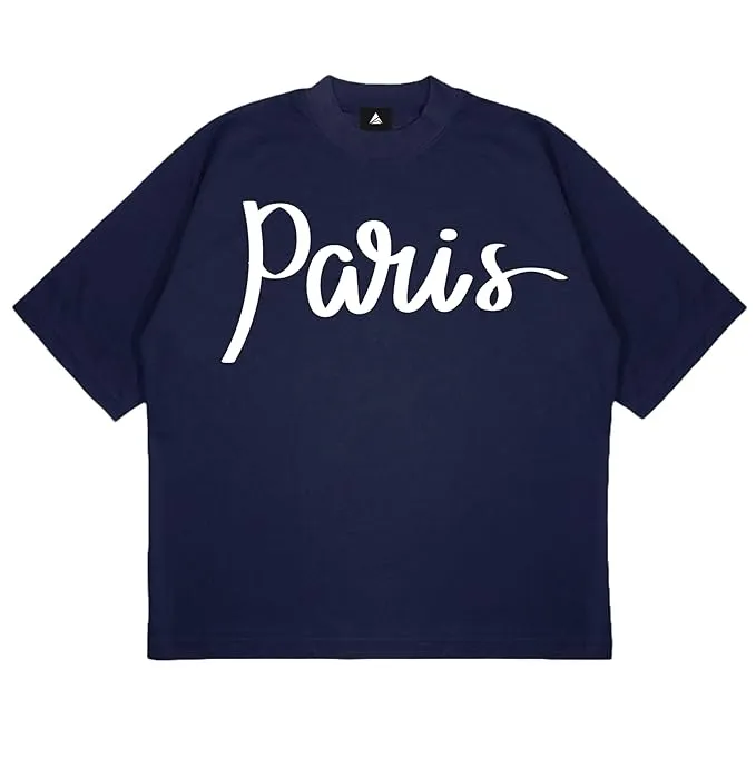 ANGAR Cotton Drop Shoulder PARIS Half Sleeves Oversized Fit Printed T-Shirt for Men