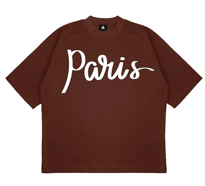 ANGAR Cotton Drop Shoulder PARIS Half Sleeves Oversized Fit Printed T-Shirt for Men