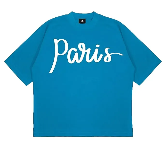 ANGAR Cotton Drop Shoulder PARIS Half Sleeves Oversized Fit Printed T-Shirt for Men