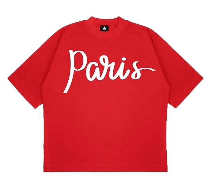 ANGAR Cotton Drop Shoulder PARIS Half Sleeves Oversized Fit Printed T-Shirt for Men