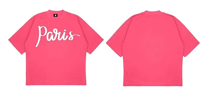 ANGAR Cotton Drop Shoulder PARIS Half Sleeves Oversized Fit Printed T-Shirt for Women