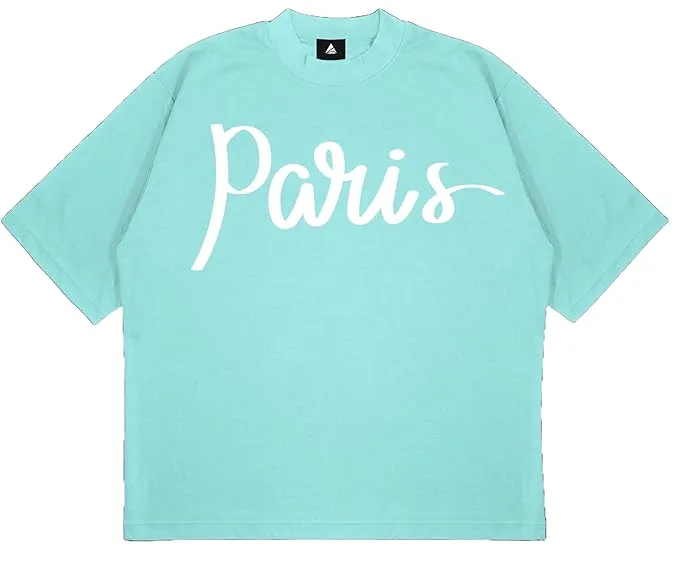 ANGAR Cotton Drop Shoulder PARIS Half Sleeves Oversized Fit Printed T-Shirt for Women