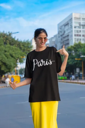 ANGAR Cotton Drop Shoulder PARIS Half Sleeves Oversized Fit Printed T-Shirt for Women