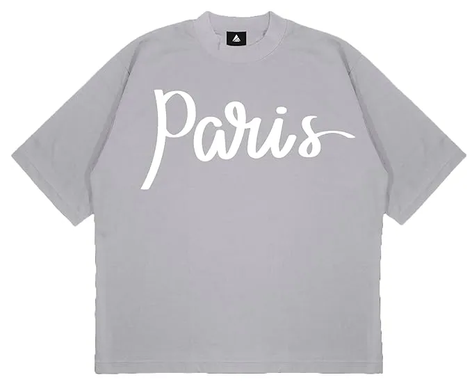ANGAR Cotton Drop Shoulder PARIS Half Sleeves Oversized Fit Printed T-Shirt for Women