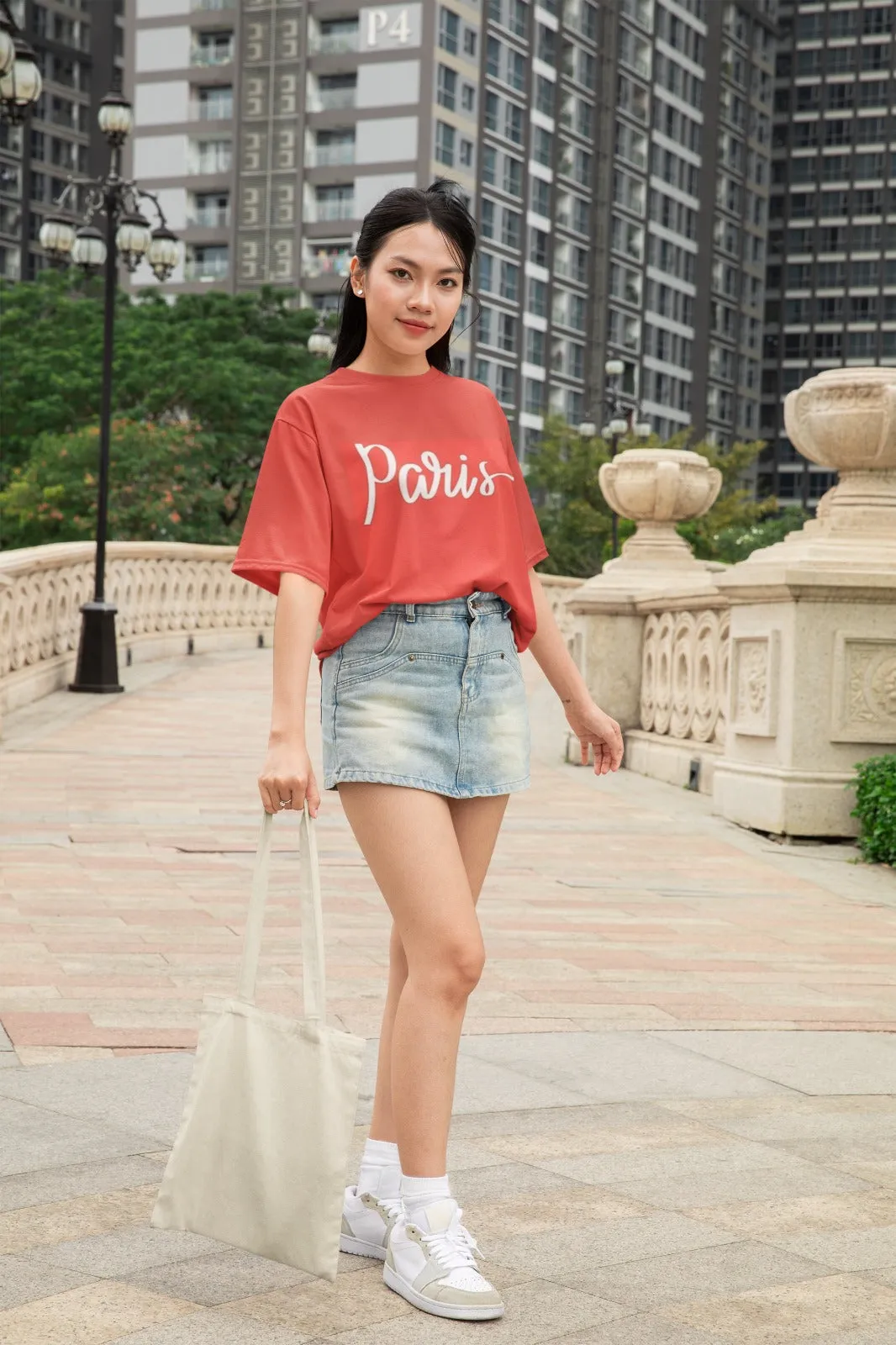 ANGAR Cotton Drop Shoulder PARIS Half Sleeves Oversized Fit Printed T-Shirt for Women