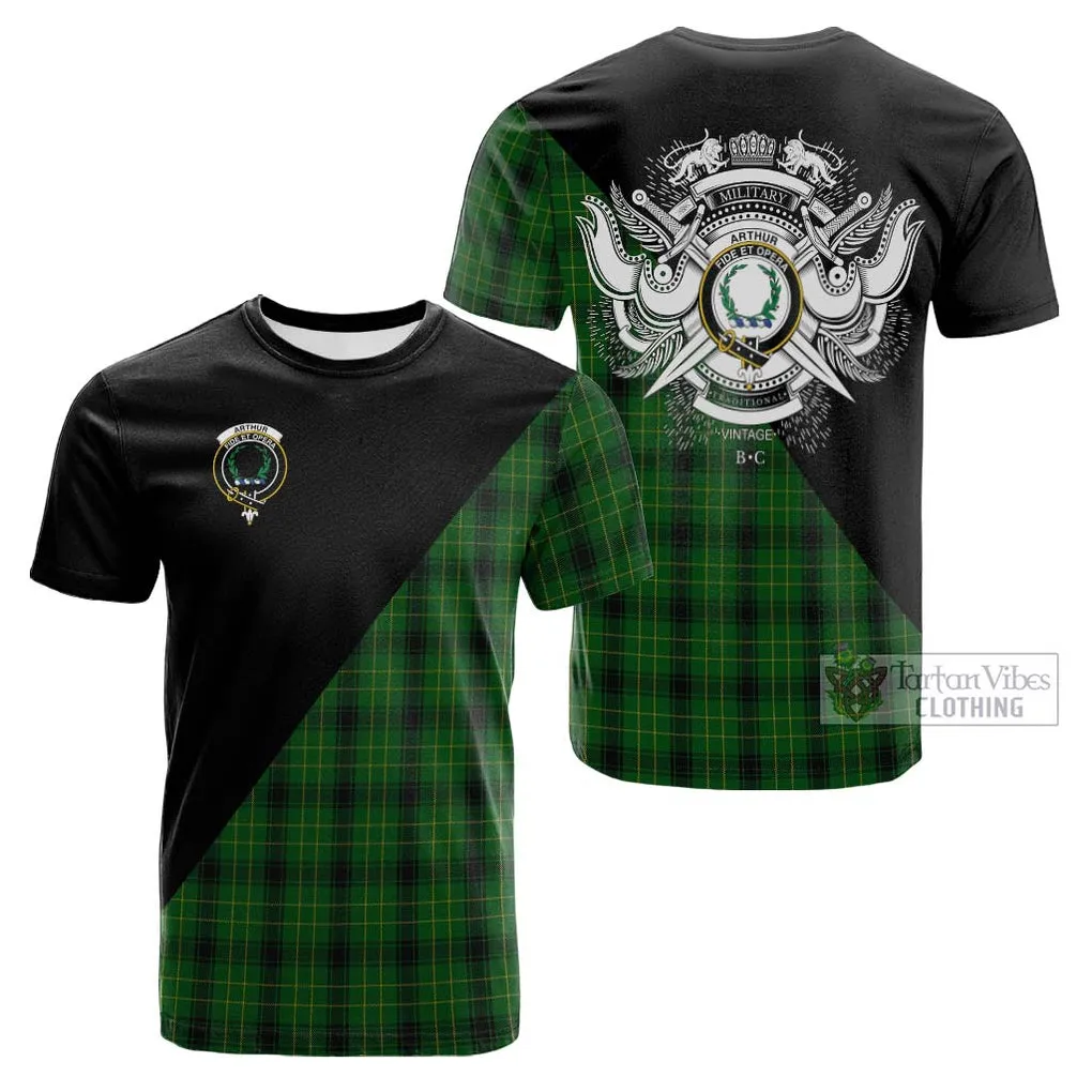 Arthur Highland Tartan Cotton T-shirt with Family Crest and Military Logo Style