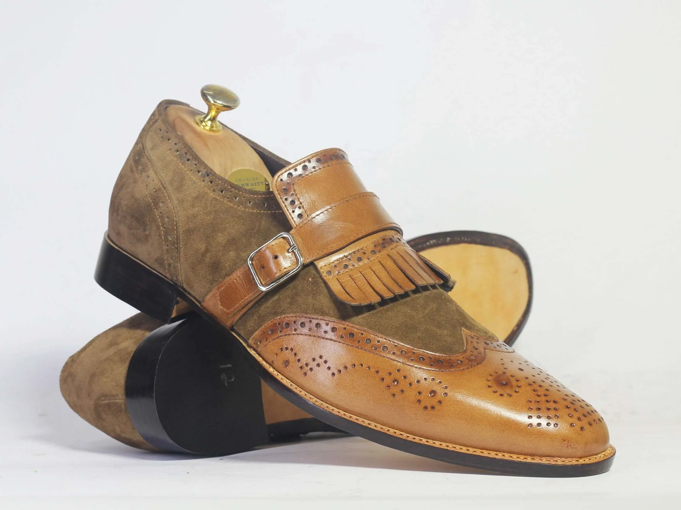 Bespoke Brown Leather Suede Fringe Monk Strap Loafer Shoes