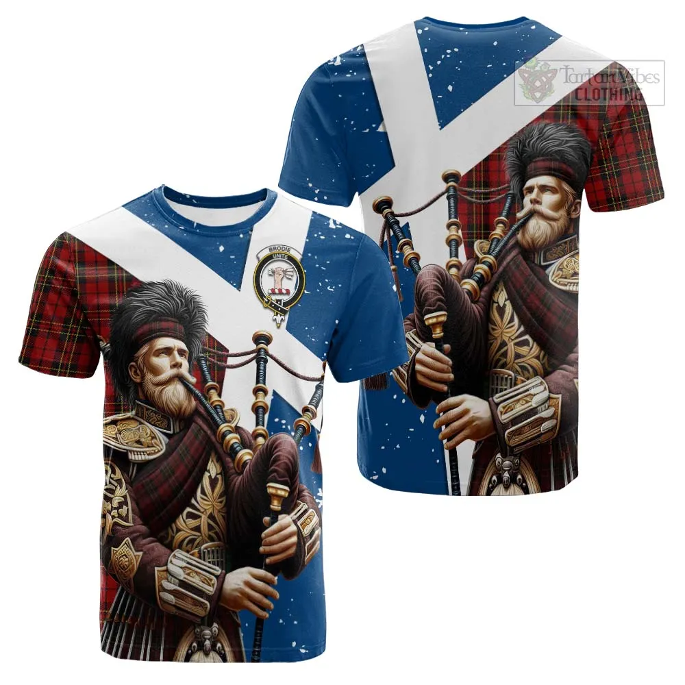 Brodie Tartan Cotton T-shirt with Family Crest Scottish Bagpiper Vibes