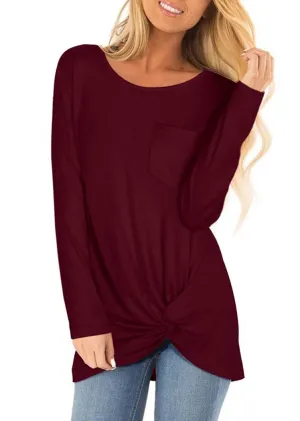 Chicvane Fashion Women Long Sleeve Crew Neck Top Solid Color Twist KnoT-Shirts with Pockets