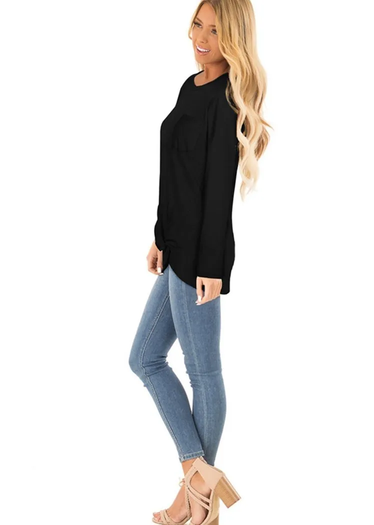 Chicvane Fashion Women Long Sleeve Crew Neck Top Solid Color Twist KnoT-Shirts with Pockets
