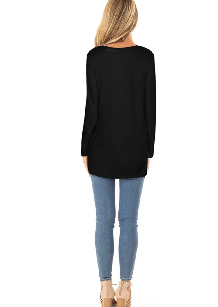 Chicvane Fashion Women Long Sleeve Crew Neck Top Solid Color Twist KnoT-Shirts with Pockets